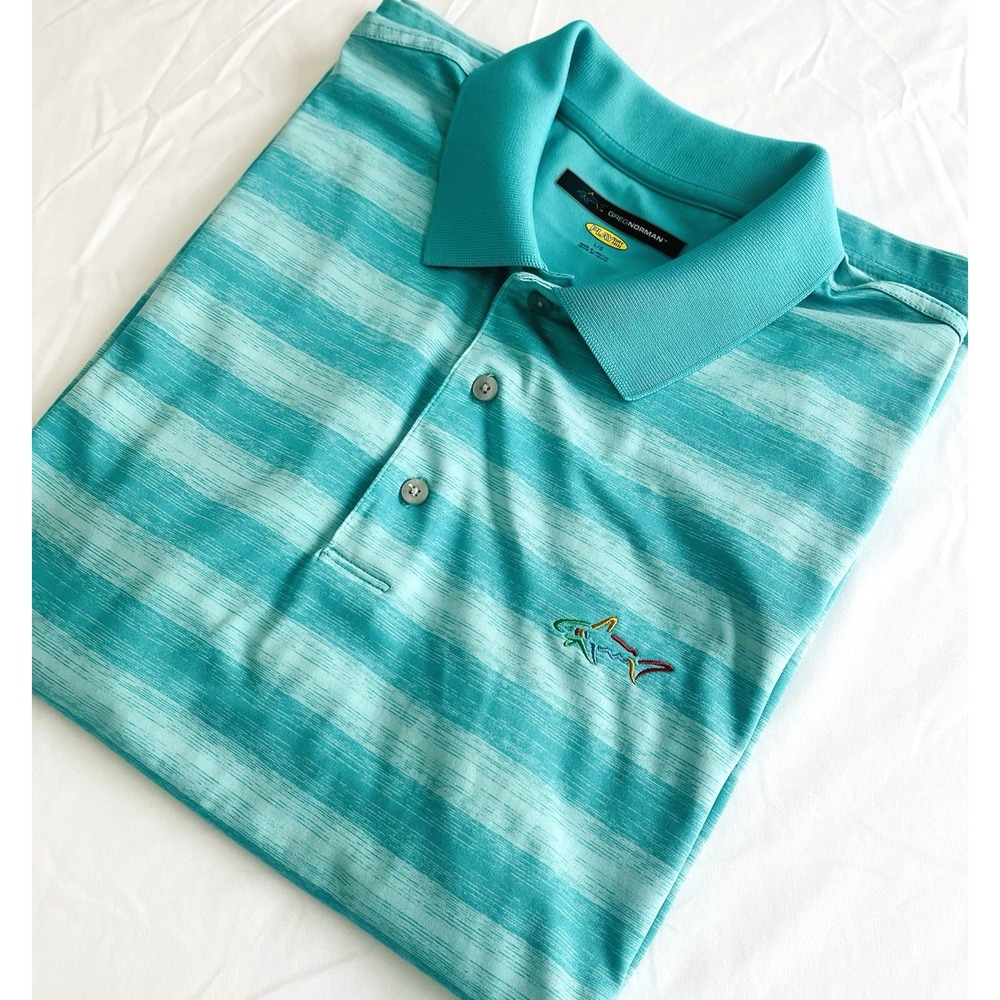 Greg Norman Men's Shirt Golf Collared Shark Logo Buttons Green Stripe Large